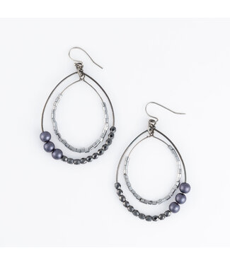 Howards Beaded Two Hoop With Pearl Fish Hook Earring Hematite