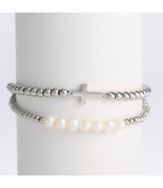 Howards Narelle Waterproof Pearl And Cross Stretch Bracelet Silver