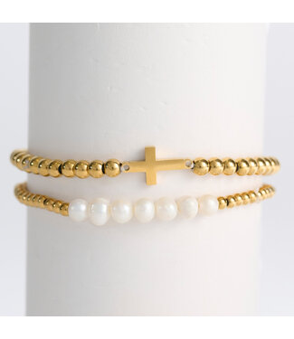Howards Narelle Waterproof Pearl And Cross Stretch Bracelet Gold