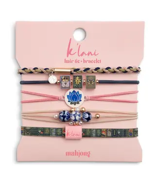 K Lani Mahjong Themed In Pink Green And Blue With Lotus And Tile Accent Hair Tie Bracelets Large