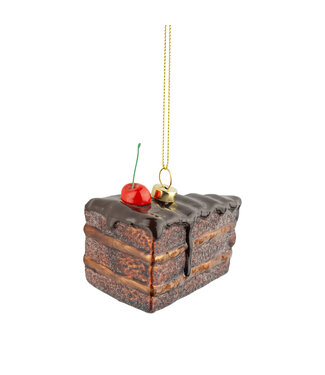 Silver Tree Glass piece of chocolate cake ornament with cherry 3.25in
