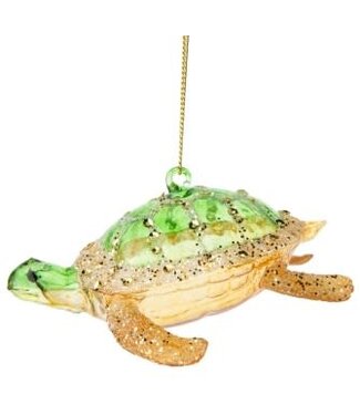 Silver Tree Blown glass turtle ornament translucent green and gold with glitter accents 4 in