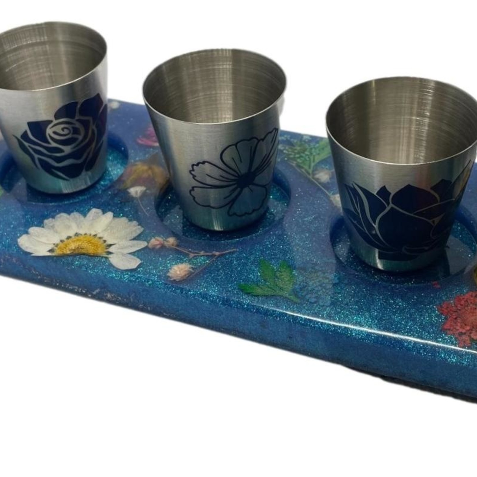East Coast Sirens Blue Floral Flite Tray with Glasses