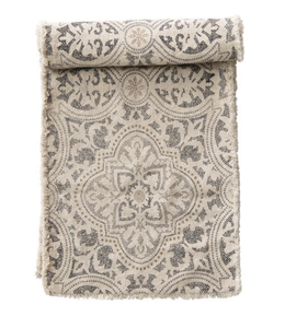 Bloomingville Cotton Printed Table Runner with Frayed Edge, Grey & Cream Color