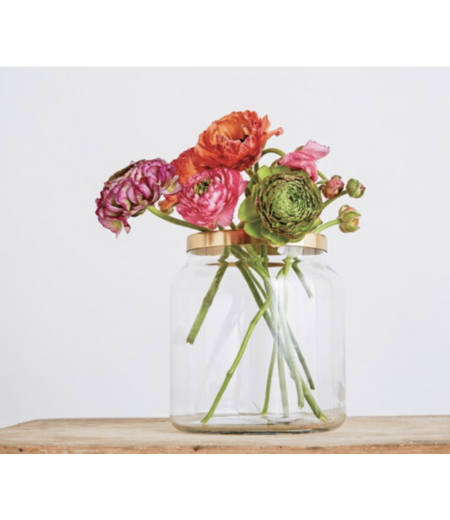 Creative Co-Op 5" Round x 5-1/2"H Glass Vase w/ Metal Flower Frog Lid, Brass Fin