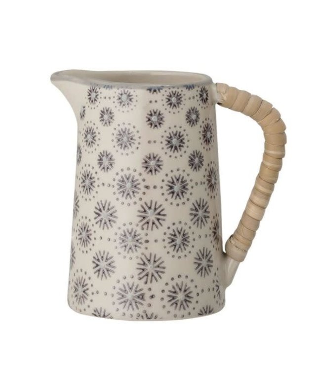 Bloomingville Stoneware Creamer with Grey Hand-Stamped Pattern & Rattan Wrapped Handle, Cream Color