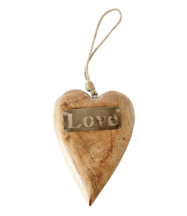 Creative Co-Op Mango Wood Hanging Heart with Metal "Love