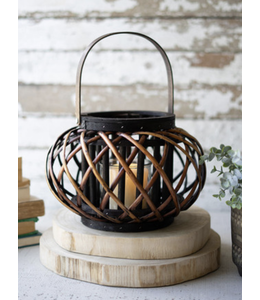 Kalalou Small Low Round Brown Willow Lantern with Wooden Handle
