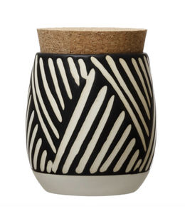 Creative Co-Op Debossed Stoneware Canister with Pattern & Cork Lid