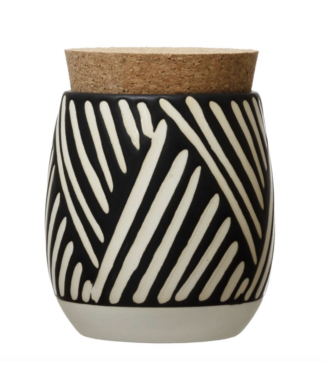 Creative Co-Op Debossed Stoneware Canister with Pattern & Cork Lid