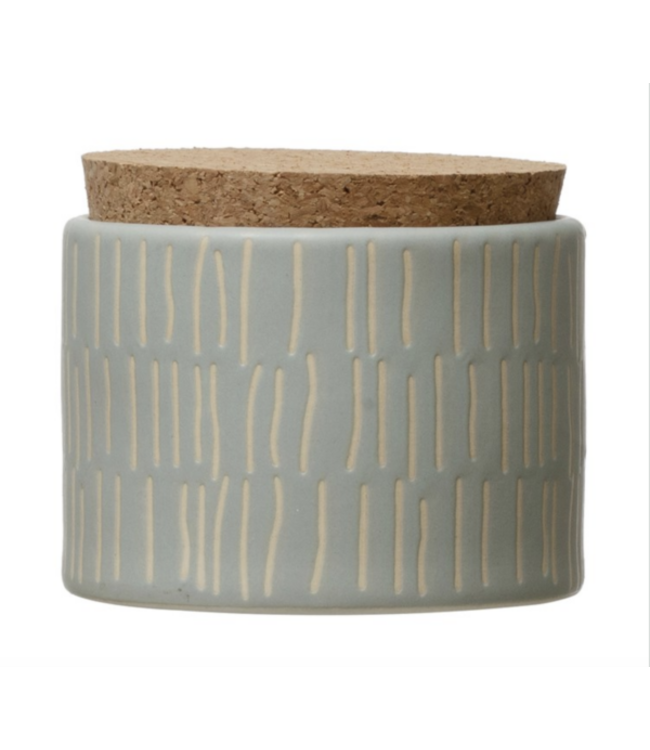 Creative Co-Op Debossed Stoneware Canister with Pattern & Cork Lid