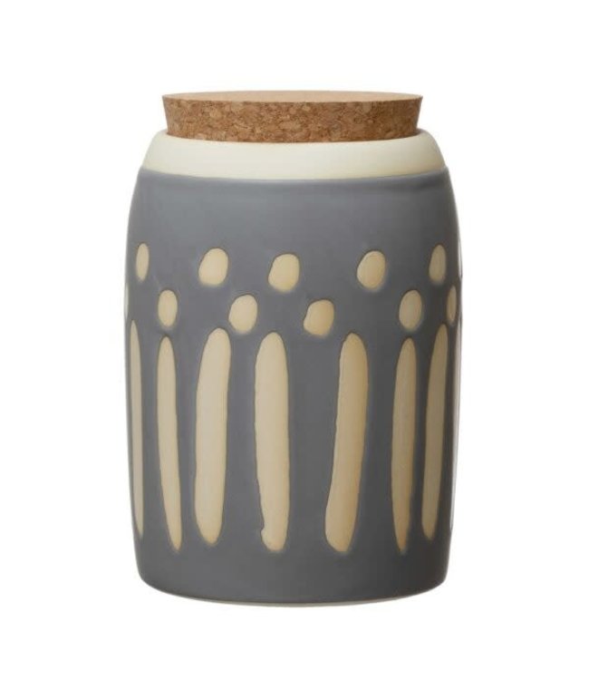 Bloomingville Debossed Stoneware Canister w/ Pattern & Cork Lid, Grey