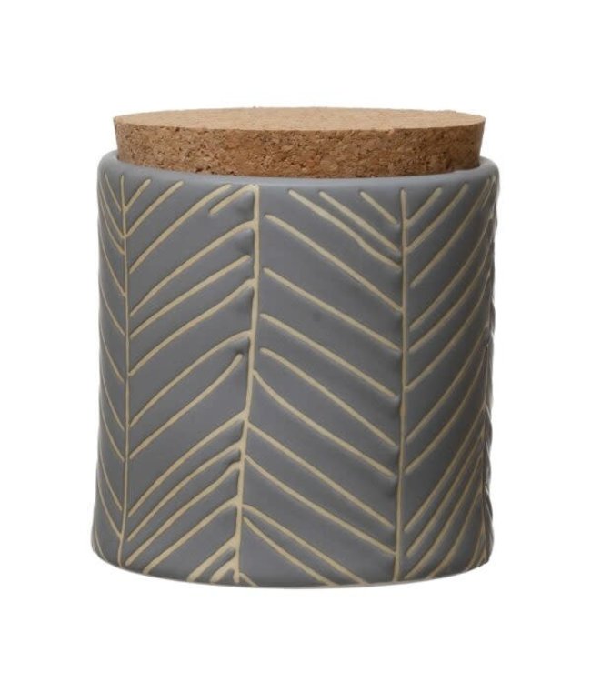 Creative Co-Op Debossed Stoneware Canister w/ Pattern & Cork Lid, Blue