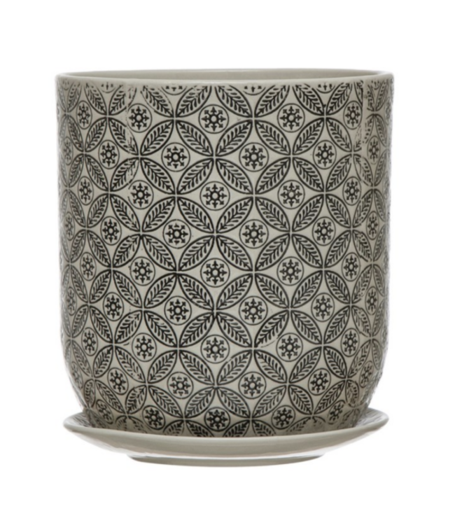 Creative Co-Op Hand-Stamped Stoneware Pot & Saucer w/ Embossed Pattern, Black & Cream Color