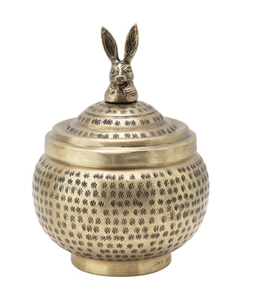 Creative Co-Op Hammered Metal Container with Rabbit Finial, Brass Finish