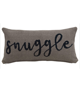 Creative Co-Op Woven Cotton Lumbar Pillow with Embroidered "Snuggle", Grey & Navy Color