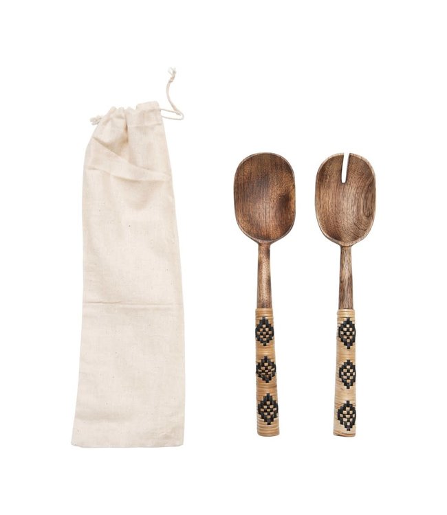 Creative Co-Op Mango Wood Salad Servers with Patterned Rattan Wrapped Handles, Set of 2 in Drawstring Bag