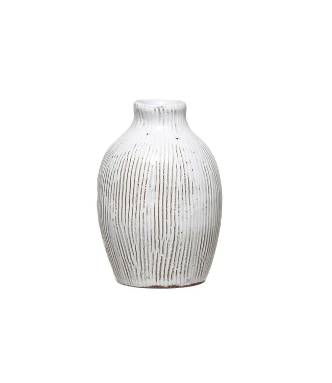 Creative Co-Op Terra-cotta Vase with Engraved Lines, White