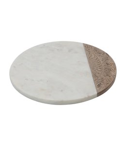 Creative Co-Op Hand-Carved Mango Wood & Marble Serving Board with Engraved Design, White & Natural- Circular