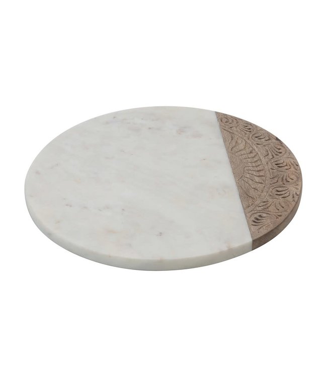 Creative Co-Op Hand-Carved Mango Wood & Marble Serving Board with Engraved Design, White & Natural- Circular