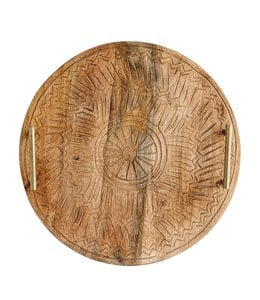 Creative Co-Op Round Hand-Carved Mango Wood Tray with Metal Handles