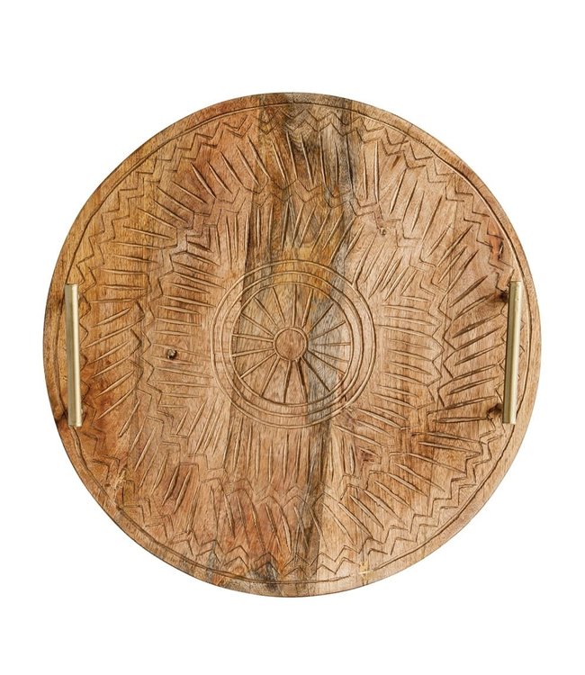Round Hand Carved Mango Wood Tray With, Round Wooden Tray With Metal Handles