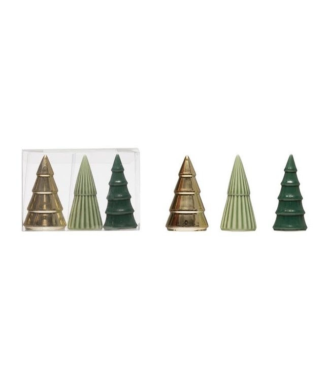 Creative Co-Op Porcelain Trees, Green, Gold & Sage Colors, Boxed Set of 3