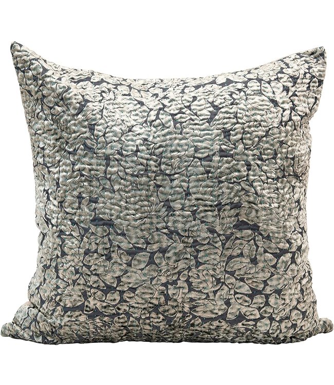 Creative Co-Op 24" Square Cotton Pillow w/ Velvet Floral Pattern & Kantha Stitch, Grey & Aqua
