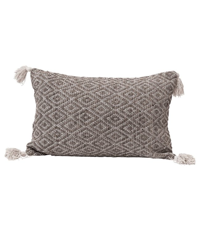 Creative Co-Op Cotton Woven Lumbar Pillow with Diamond Pattern & Tassels, Black, Cream & Tan Color