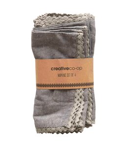 Creative Co-Op Square Cotton Napkins w/ Lace Trim, Charcoal Color, Set of 4