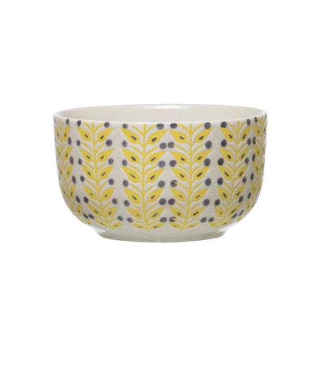 Creative Co-Op Hand-Stamped Stoneware Bowl, Multi Color- Yellow