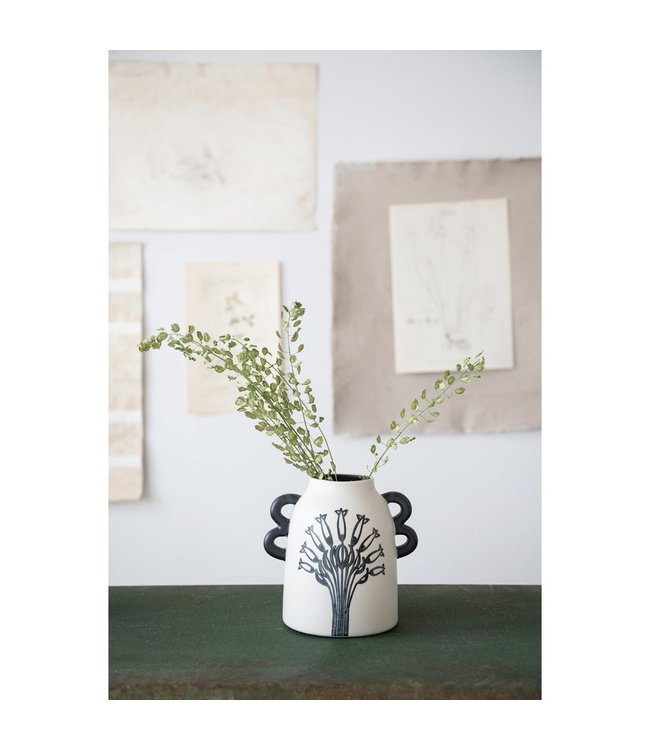 Creative Co-Op Hand-Painted Stoneware Vase with Handles & Flower, Black & White