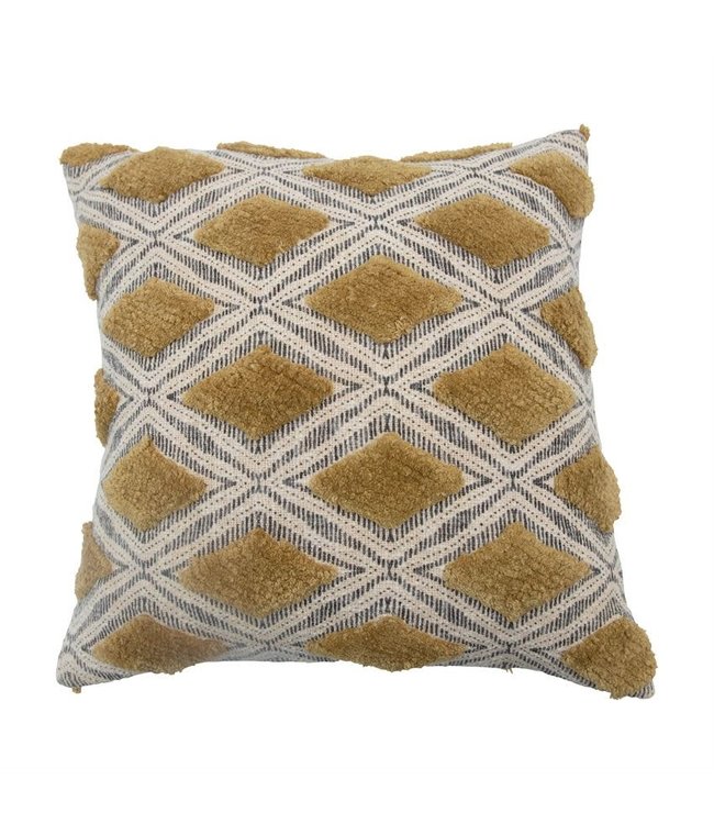 Bloomingville Cotton Printed Slub Pillow with Tufting, Chartreuse & Grey