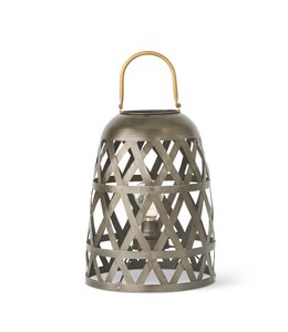 K&K Interiors Dark Metal Diamond Fenced LED Lantern with Gold Handle, Small