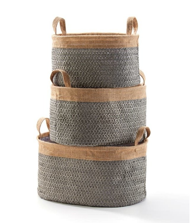 Gray Lined Woven Basket with Handles, Small