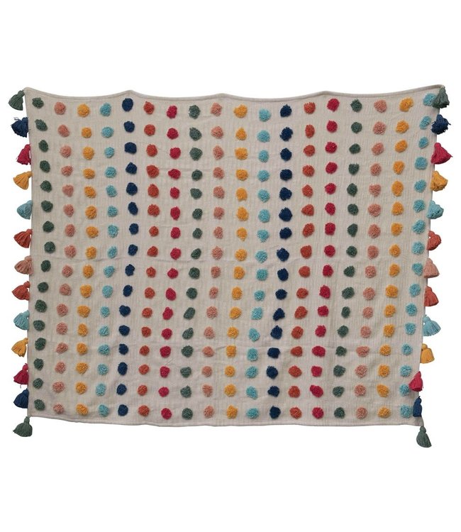 Creative Co-Op Woven Cotton Throw with Tufted Dots & Tassels, Multicolored