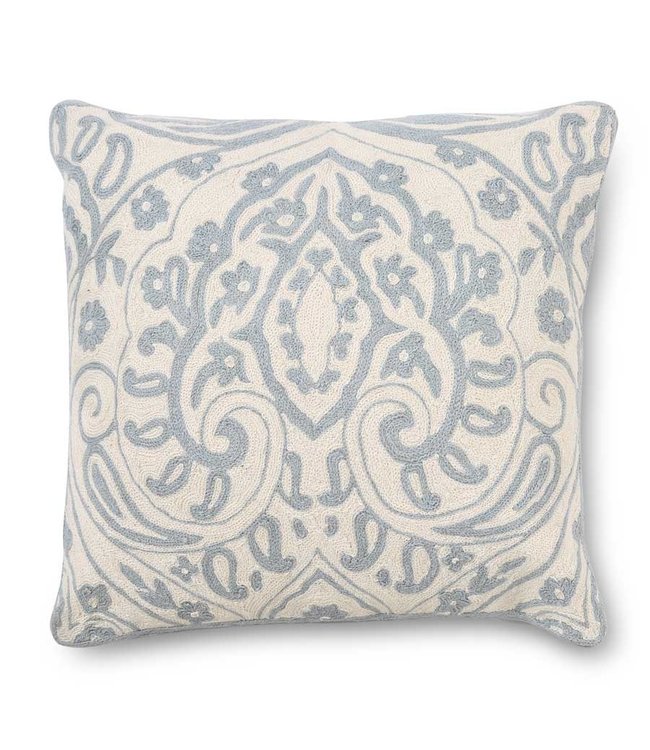 K&K Interiors Square Light Blue & Beige Damask Embroidered Pillow