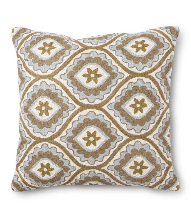 K&K Interiors Square Light Blue & Beige Ornate Embroidered Pillow