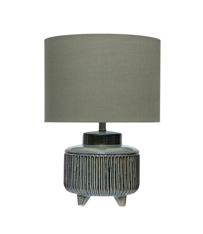 Creative Co-Op Stoneware Footed Table Lamp w/ Linen Shade, Green Reactive Glaze(Each Varies)