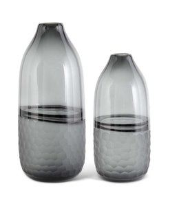 K&K Interiors Black Transparent Glass Vases w/Frosted Comb Pattern- Small