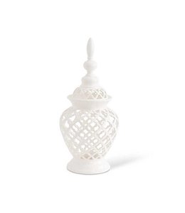 K&K Interiors White Ceramic Filigree Lidded Container