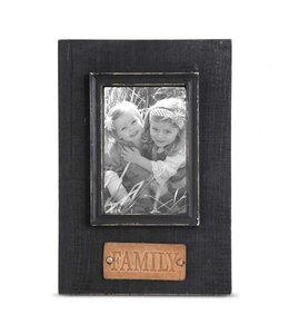 K&K Interiors Black Wooden Photo Frame w/FAMILY Embossed Leather Tag