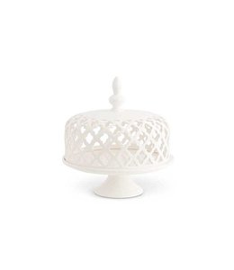 K&K Interiors White Ceramic Filigree Lidded Cake Plate