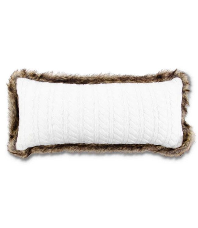 K&K Interiors 22 Inch White Cable Knit Rectangular Pillow w/Brown Fur Trim