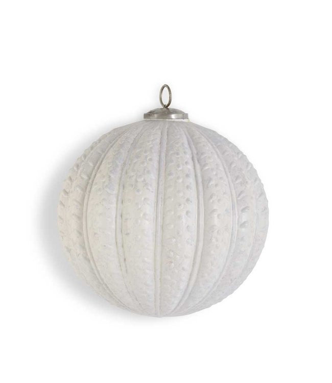 K&K Interiors 5.25 Inch Distressed White Glass Embossed Ball Ornament