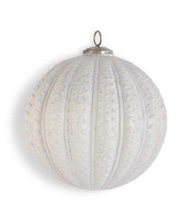 K&K Interiors 7.75 Inch Distressed White Glass Embossed Ball Ornament