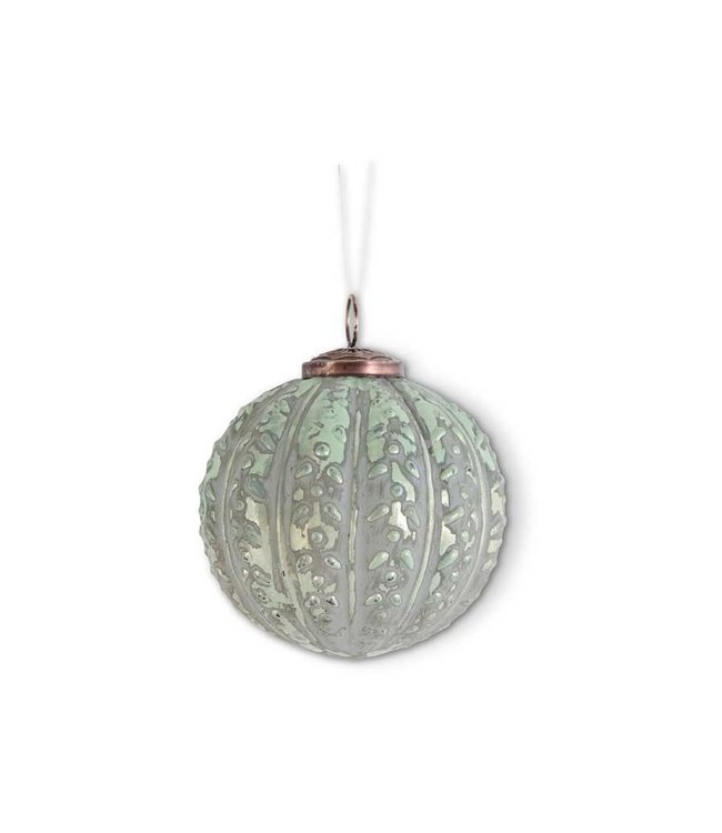 K&K Interiors 4 Inch Distressed Green Glass Embossed Ball Ornament