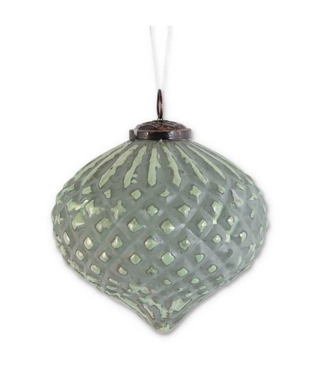 K&K Interiors 6 Inch Distressed Green Glass Embossed Onion Ornament