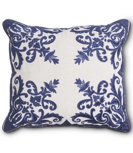 K&K Interiors 20 Inch Royal Blue Velvet and Linen Embroidered Pillow