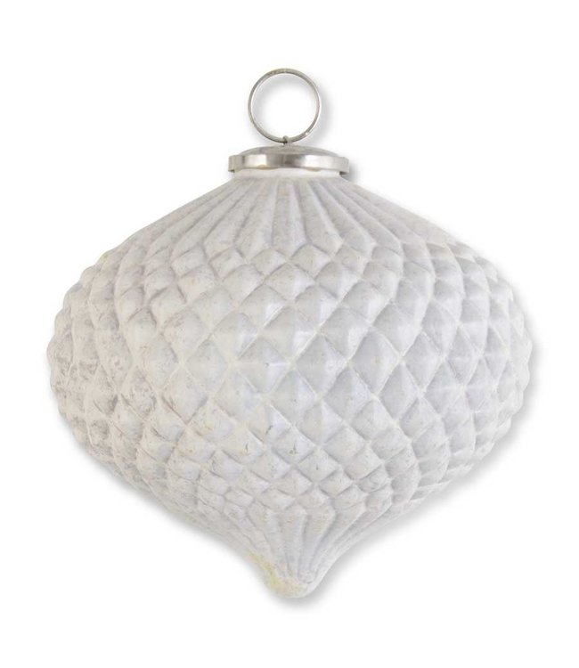 K&K Interiors 7.25 Inch Distressed White Glass Embossed Onion Ornament